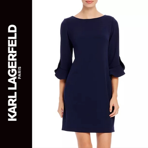 Karl Lagerfeld Dresses & Skirts - KARL LAGERFELD PARIS Navy Blue Scuba Crêpe Sheath Ruffle Sleeve Dress Sz S